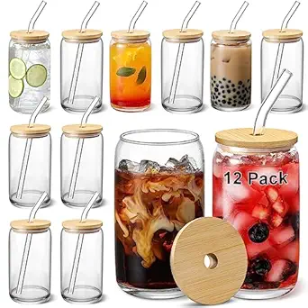 Photo 1 of [ 20  pcs Set ] Glass Cups with Bamboo Lids and Glass Straw - Beer Shaped Drinking Glasses, 16 oz Iced Coffee Glasses, Cute Tumbler Cup for Smoothie, Boba Tea, Whiskey, Water - 4 Cleaning Brushes