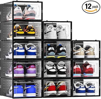 Photo 1 of 12 Pack Shoe Storage Bins, Clear Plastic Stackable Shoe Organizer for Closet, Space Saving Foldable Shoe Rack, Shoe Box Sneaker Holder Container, Black Frame