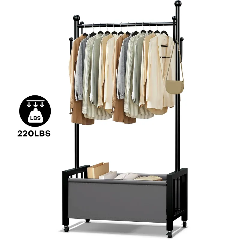 Photo 1 of 220LBS Clothes Rack Heavy Duty Thick Garment Rack 360° Rotate Rolling Clothing Rack 6 Hooks Coat Tree Rack W/ Wheel Brakes Leather Storage Basket Shelf for Home Hanging