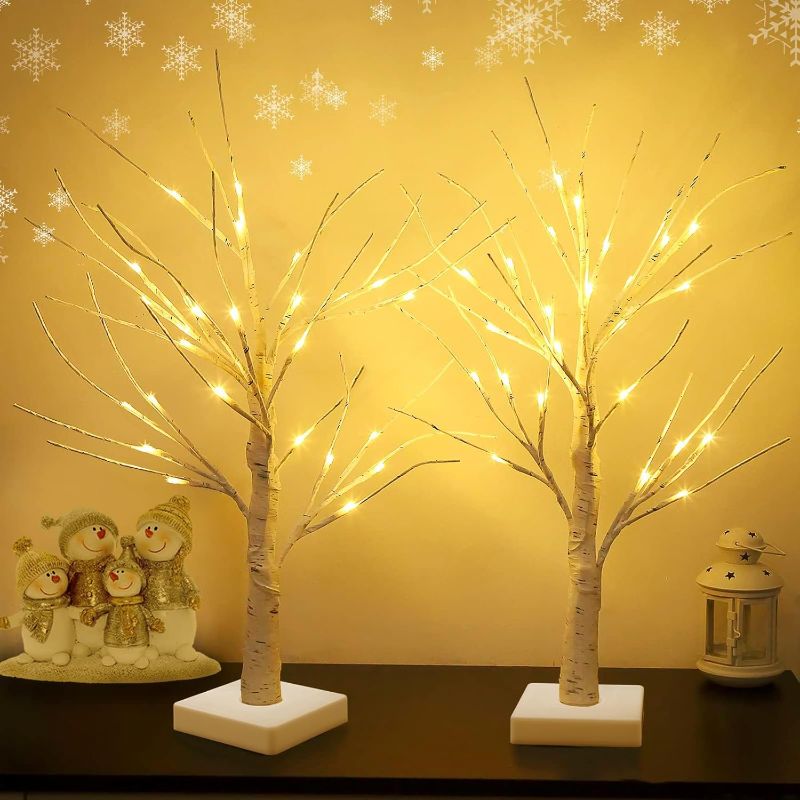 Photo 1 of 2-Pack 2FT Lighted Birch Tree with Timer for Decorations, Artificial Birch Tree with 48 LED Warm White Lights, Tabletop Centerpiece Tree for Xmas