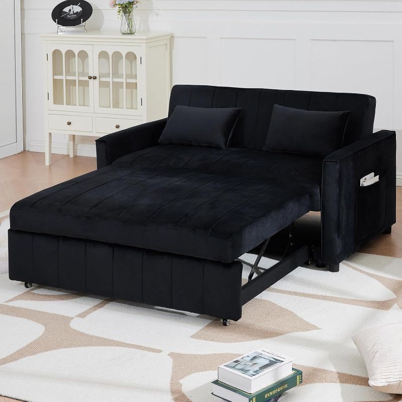 Photo 1 of 1 Sleeper Loveseat Couch Bed,Velvet Convertible Sleeper Sofa with Pull-Out Bed and Adjustable Backrest,Loveseat Futon Sofa with Pillows & Pockets for Living Room Apartment,Small Space (Black) (***Partial seat 2 of 3 boxes missing ***)