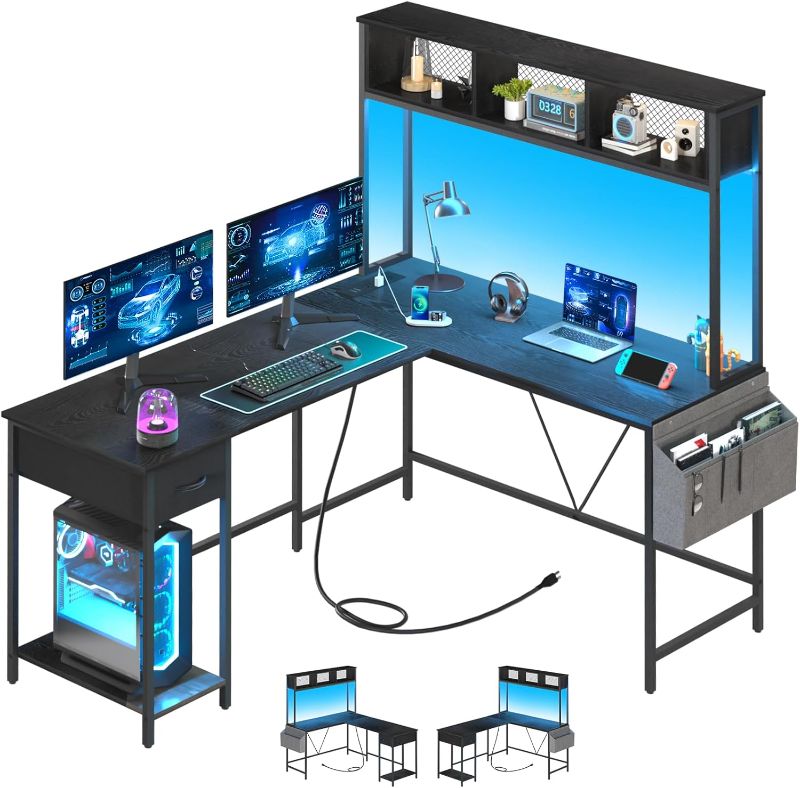 Photo 1 of 
Yoobure L Shaped Desk Gaming Desk with LED Strip & Power Outlet, Reversible L-Shaped Computer Desk with Storage Shelf & Drawer, Corner Desk w