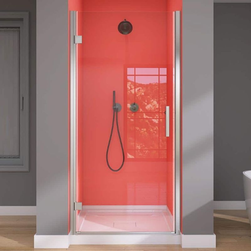 Photo 1 of 34 in. W X 72 in. H Frameless Pivot Swing Shower Door Chrome Finish Whit 1/4 in. Clear Glass Left Hinged with Handle