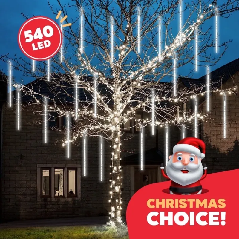 Photo 1 of Christmas LED Meteor Shower Rain White Lights - 540 LEDs 10 Tubes, 20 Inch Drop/Icicle Snow Falling Raindrop Waterproof Cascading Lights for Wedding Xmas New Year Party Tree Decoration (White Light)