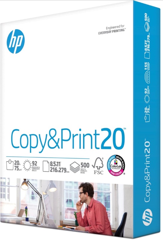 Photo 1 of 
HP Printer Paper | 
8.5 x 11 Paper | 
Copy & Print 20 lb | 
1 Ream Case - 500 Sheets 92 Bright | 
Made in USA - FSC Certified | 
200060 
