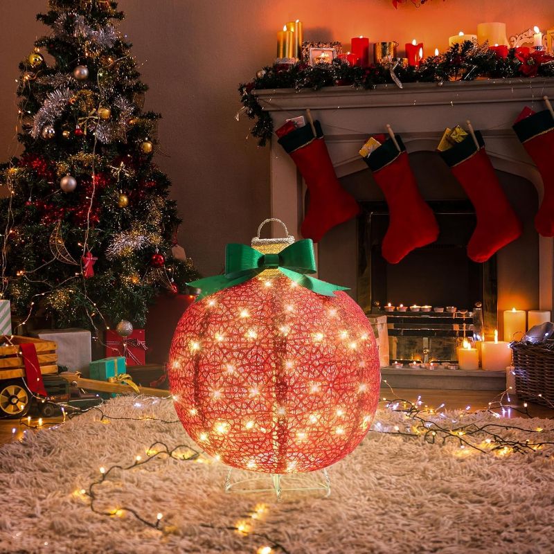 Photo 1 of Christmas Decorations Outside, Battery Operated Pop-up Lighted Ball Holiday Decor with 50 LED Warm White Lights, 4 Ground Stakes for Indoor Yard Lawn Garden Patio, Red