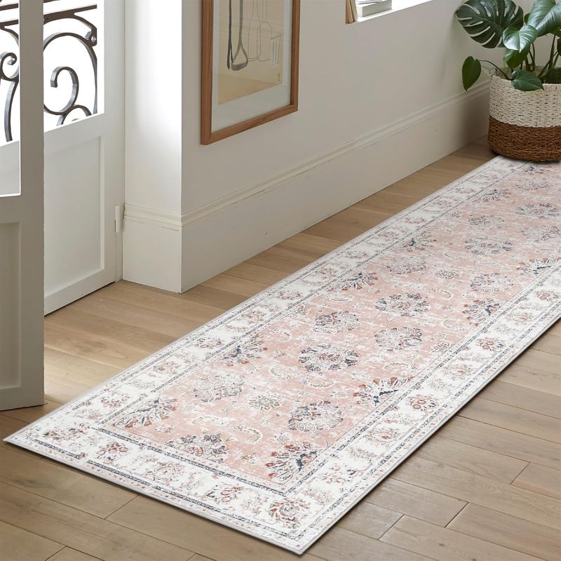 Photo 1 of ***SIMILAR PATTERN BUT NOT IDENTICAL***   COLLACT Runner Rug 2x6 - Hallway Runner Rug Washable Rug Floral Print Kitchen Rug Distressed Pink Rug Non Slip Thin Rug Retro Vintage Farmhouse Rug for Bedroom Bathroom Laundry Room Doorway
