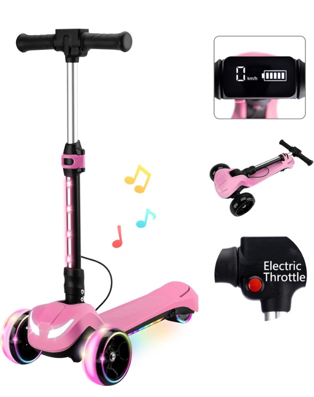 Photo 1 of 24V Electric Scooter for Kids w/150W Powerful Motor, Thumb Throttle, LCD Screen, Light-Up Stem Deck & Wheels, 3 Adjustable Heights, 5MPH Safe Speed, 3 Wheel Electric Scooter for Kids