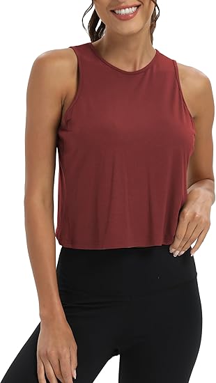 Photo 1 of BALEAF Workout Tops for Women Crop Tank Top Quick Dry Athletic Gym Exercise Sleeveless Shirts Muscle Yoga Loose Fit Wine Red XXL