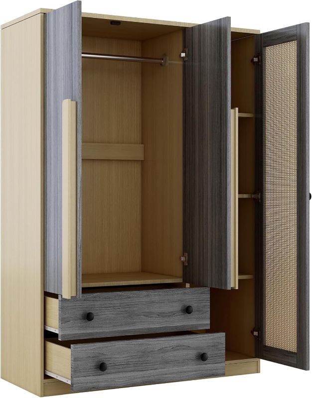 Photo 1 of ==similar/3 boxes==Large Freestanding Armoire Wardrobe Cabinet with Shelves and 2 Drawers, Wooden Wardrobe Closet with 3-Doors and 3 Shelves for Kitchen, Dining Room, Bathroom (Gray-EV55)