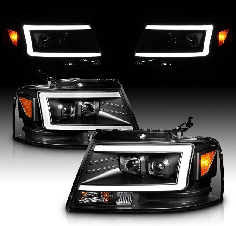 Photo 1 of AmeriLite Ford F-150 Truck C-Type LED Tube Square Black Projector Headlights Assembly Pair - Driver and Passenger 2 psc