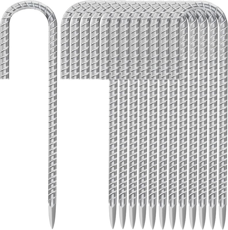 Photo 1 of 12" Ground stakes  Besitu 12 Inch Ground Stakes Heavy Duty J Hook 30-Pack Metal Spikes Galvanized Ground Hooks Anchors Rebar Ground Stakes for Fence Tent Gazbo Bounce House...