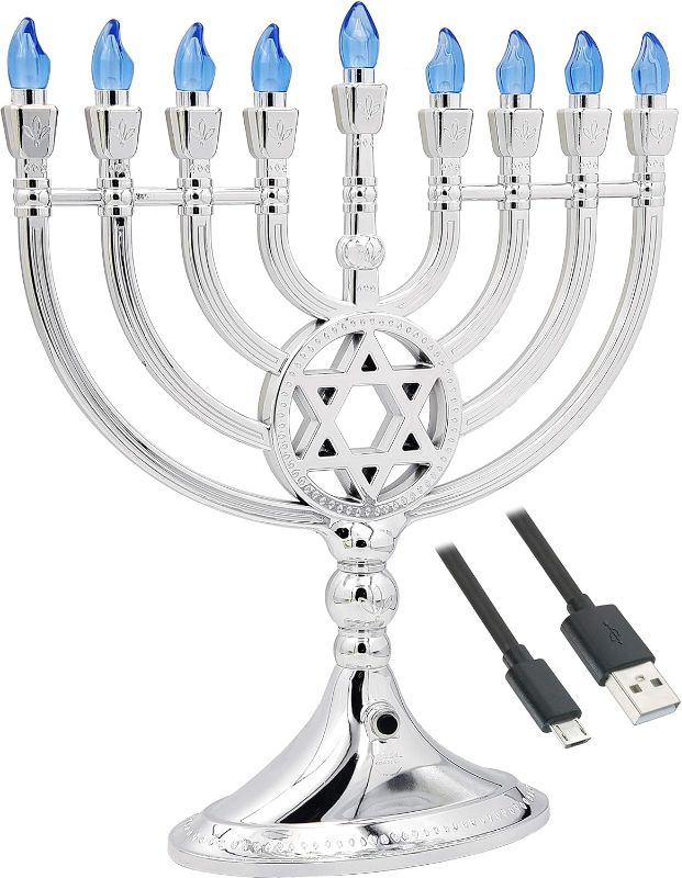 Photo 1 of 
The Dreidel Company Traditional LED Electric Silver Hanukkah Menorah - Battery or USB Powered - Includes a Micro USB 4' Charging Cable