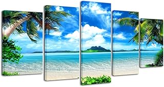 Photo 1 of 
Pyradecor Modern 5 Panels Blue Sea Beach Pictures Paintings on Canvas Wall Art Stretched Contemporary Landscape Ocean Canvas Prints Artwork for Bedroom Home Decorations