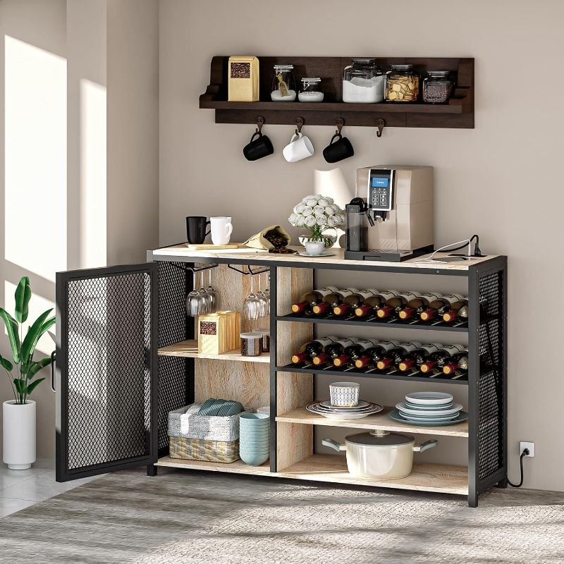 Photo 1 of Bar Cabinets for Home,LED Coffee Bar with Power Outlets,47 Inch Sideboard,Industrial Liquor Cabinet with Wine Rack and Glass Holder,Kitchen,Dining Room,White Oak
