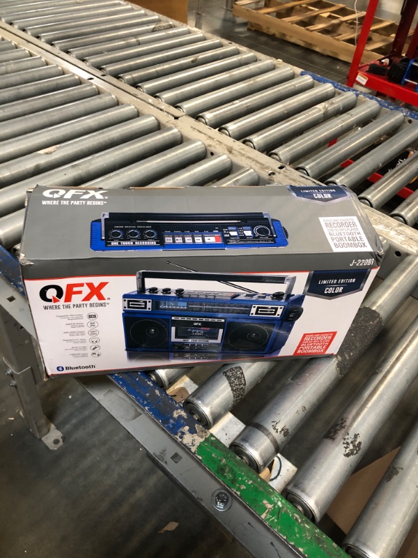 Photo 1 of QFX J-220BT Blue Boombox MP3 Conversion from Radio to Cassette with 4-Band (AM, FM, SW1, SW2) Radio with Bluetooth, Dual 3” Speakers, Built-in Microphone, Recorder, and a 3-Band Equalizer
