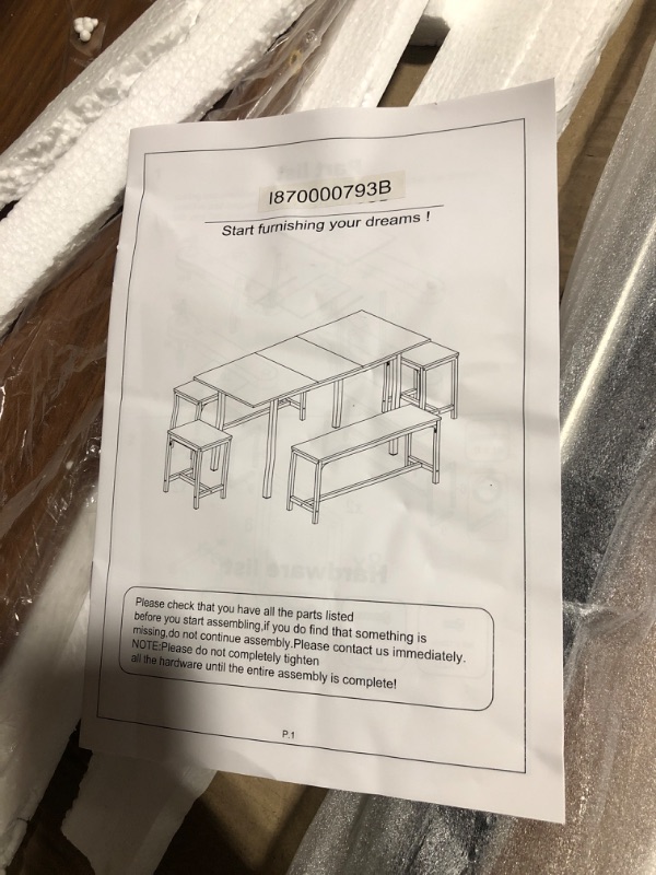 Photo 3 of  5-Piece Dining Table Set for 4-8 People, Extendable Kitchen Table Set with 2 Benches and 2 Square Stools, Mid-Century Dining Room Table with Metal Frame & MDF Board, Saving Space, Walnut