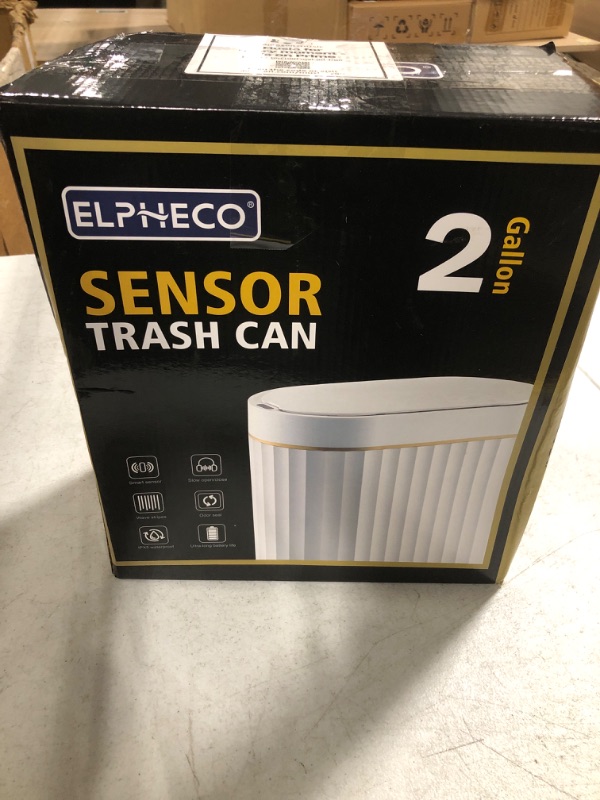 Photo 1 of ELPHECO Automatic Motion Sensor Trash Can - 2 Gallon Slimline for Bathroom, Bedroom, Kitchen, Office - White with Gold Trim