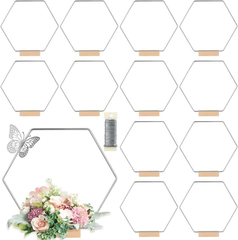 Photo 2 of 12 Pack Hexagonal Floral Hoops with Stand 18 Inch Metal Rings for DIY Centerpiece Table Decorations Crafts Macrame Ring Hoops Dream Catcher Rings Wedding Birthday Wreath Rings Craft Hoops, Silver