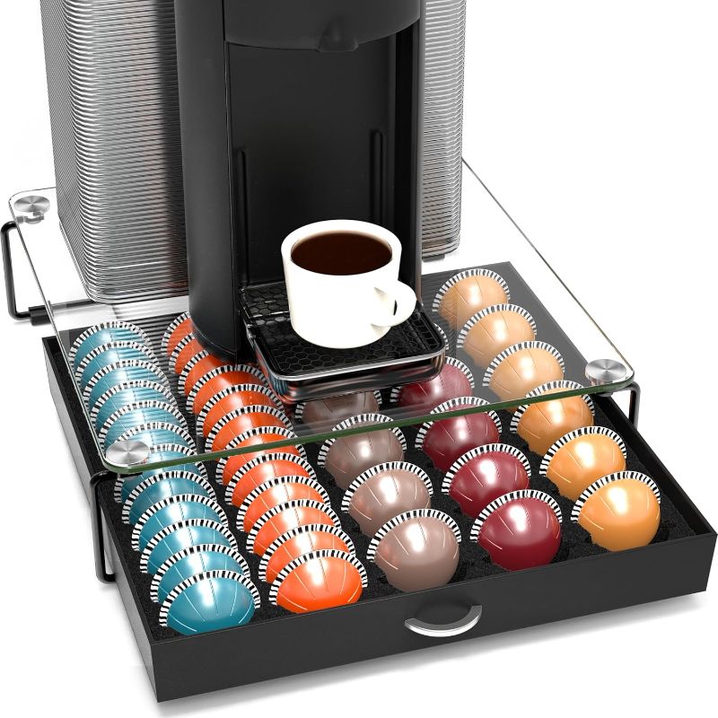 Photo 1 of DecoBrothers Crystal Tempered Glass Vertuo Pod Holder Drawer, 30 Large or 60 Small Nespresso Capsule Organizer, Black