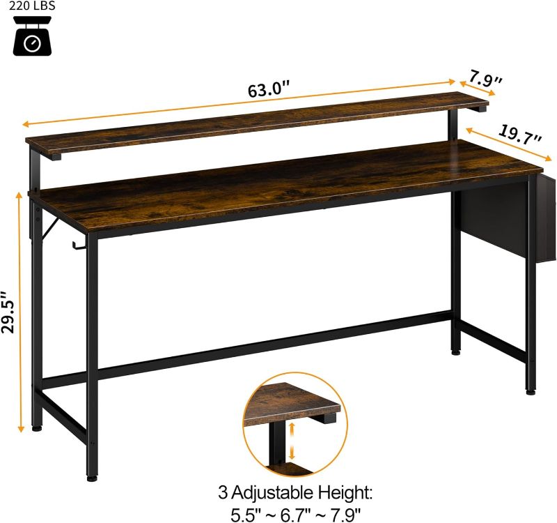 Photo 1 of 
SUNLEI Computer Desk 63 inch Home Office Desks, Gaming Writing Desk Large Work Desk Study Workstation, Laptop Stand for Desk, Simple Assembly, Steel Frame,.