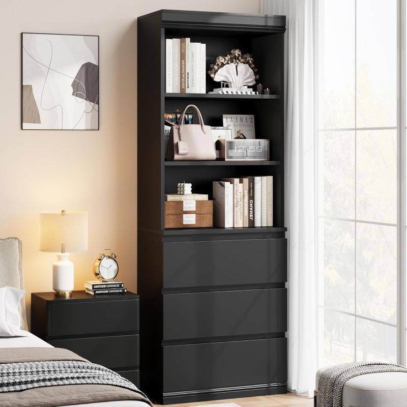 Photo 1 of 70.27" Tall Bookshelf,3 Tier Farmhouse Bookcase with 3 Drawes,Wooden Display Cabinet for Home Office,Living Room