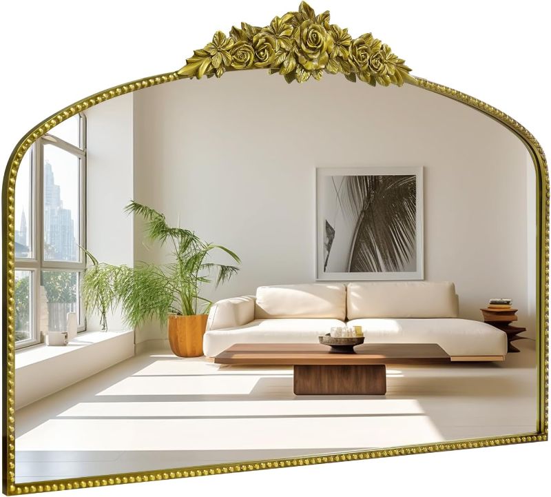 Photo 1 of Antique Gold Arch Wall Mirror, 48"x30" Traditional Vintage Mantel Mirror with Ornate Metal Frame, Baroque Victorian Mirror for Fireplace/Entryway/Bathroom/Living Room/Dining Room