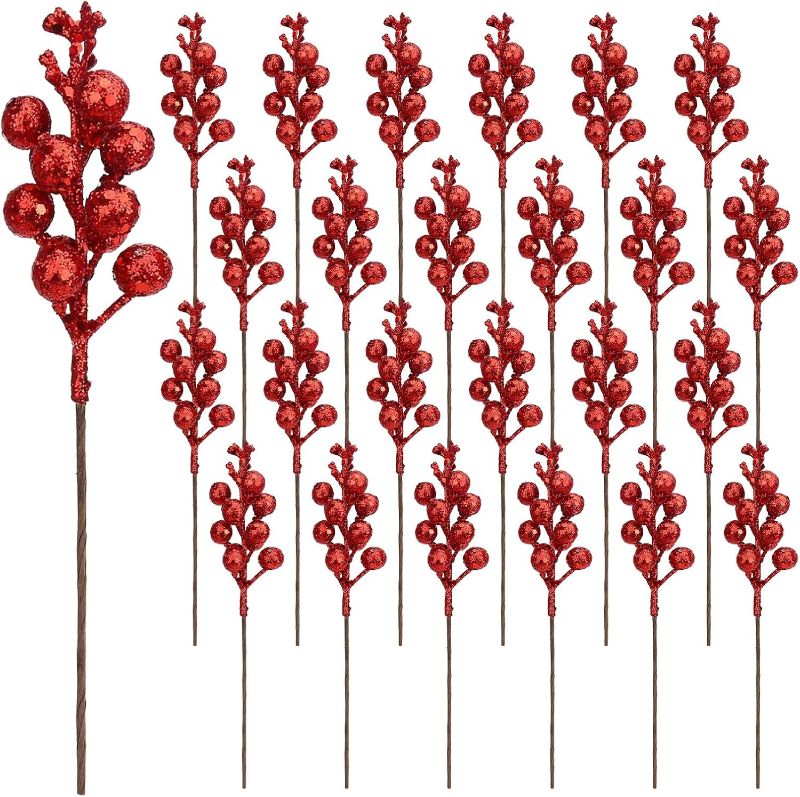 Photo 1 of ***USED***24 Pack 9 Inches Glitter Artificial Berry Stems, 15 Berries per Stem, Christmas Tree Picks Ornaments, DIY Xmas Wreath, Floral Arrangements Home Décor, Winter Wonderland Decoration RED AND WHITE