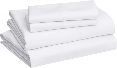 Photo 1 of Amazon Basics - 4 Piece Microfiber Lightweight Wrinkle-free Bed Sheet Set, Super Soft Easy Care, 14'' Deep Pockets, Queen, Bright White, Solid