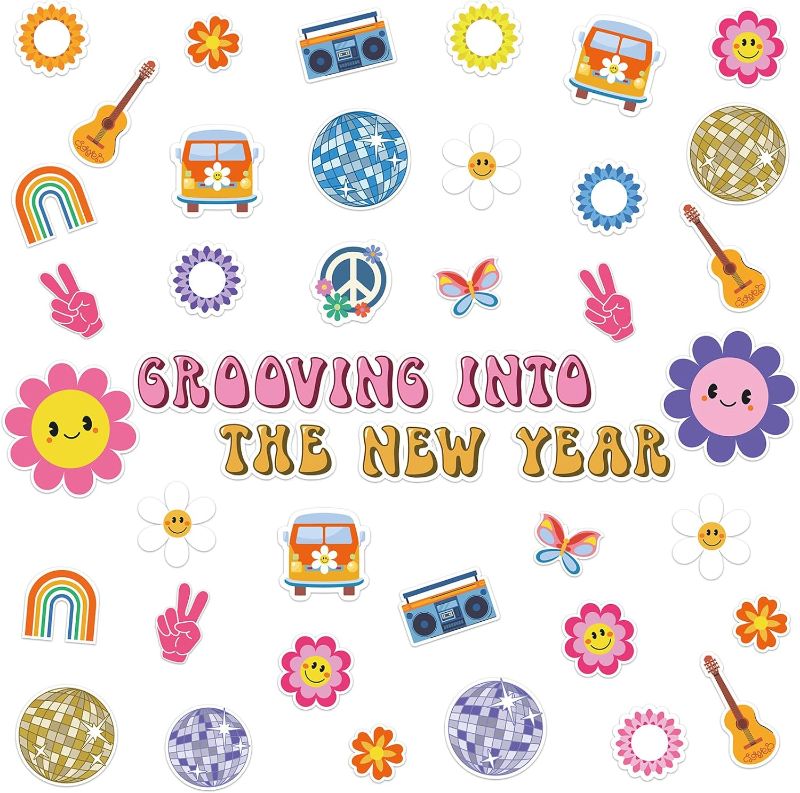 Photo 1 of ***Not Exact***
Mooliwe 2025 New Year Bulletin Board Decorations Set Groovy New Year Bulletin Board Decor Disco Ball Rainbow Flower Guitar Paper Cutout for New Year Eve Party Supplies School Classroom Home Wall Decor 