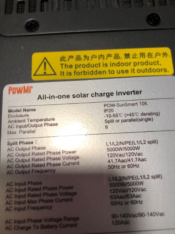 Photo 5 of ***SIMILAR ITEM*** PowMr 10000W 48V Solar Inverter, 110V/240V Split Phase Pure Sine Wave Inverter with 100A MPPT Controller, Off-Grid Hybrid Inverter, Support Parallel 6 inverters, for Lead Acid and Lithium Battery