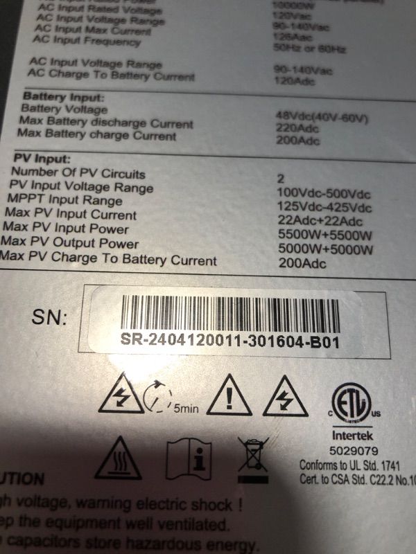 Photo 4 of ***SIMILAR ITEM*** PowMr 10000W 48V Solar Inverter, 110V/240V Split Phase Pure Sine Wave Inverter with 100A MPPT Controller, Off-Grid Hybrid Inverter, Support Parallel 6 inverters, for Lead Acid and Lithium Battery