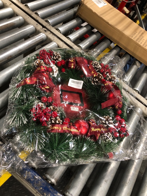 Photo 2 of 20" Artificial Christmas Wreath for Front Door with Storage Bag - Xmas Red Wreath Decorations Large Outdoor Wreath with Red Ball,Red Berry,Pine Needles,Pinecone (Green and Red)