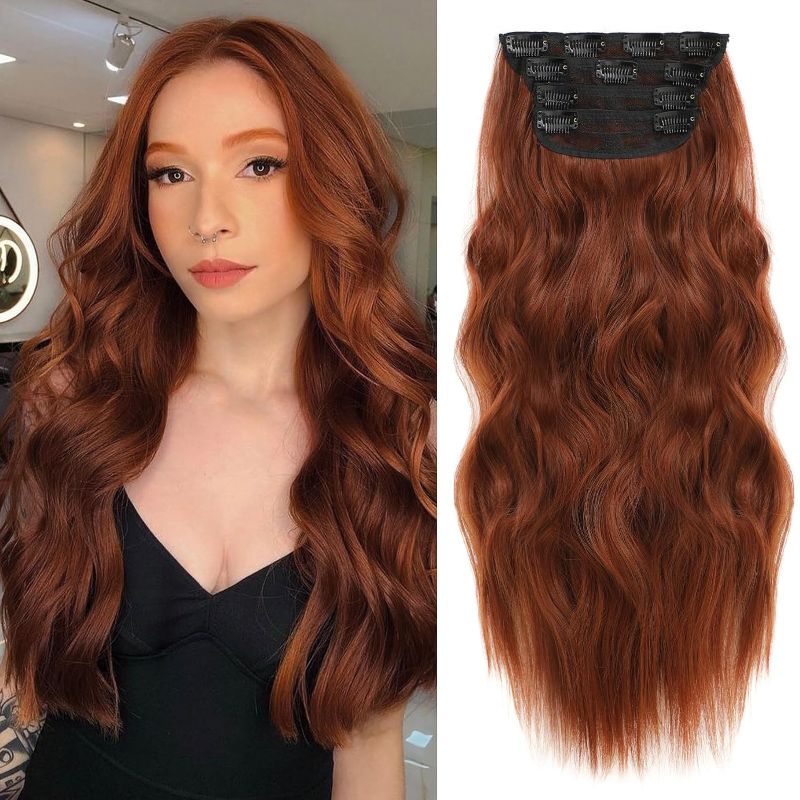 Photo 1 of 
NAYOO Clip in Curly Hair Extensions 4PCS Long Wavy Synthetic Thick Hairpieces with Fiber Double Weft for Women Hair Full Head (20 Inch, Auburn)