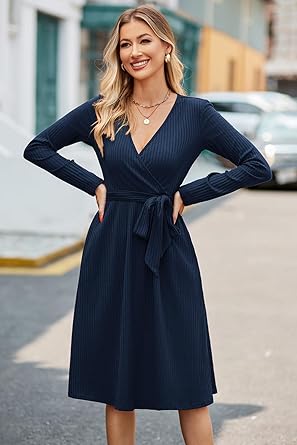 Photo 1 of ***Large size, no belt***Newshows Womens 2024 Fall Sweater Dress Long Sleeve Business Casual Outfits V Neck Ribbed Knit Belt Trendy with Pockets
