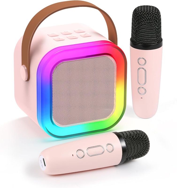 Photo 1 of  Karaoke Machine for Kids Adults, Mini Karaoke Machine with 2 Wireless Microphones, Portable Bluetooth Speaker with Voice Changing Effects & LED Lights, Best Gifts Toys for Girls and Boys Black