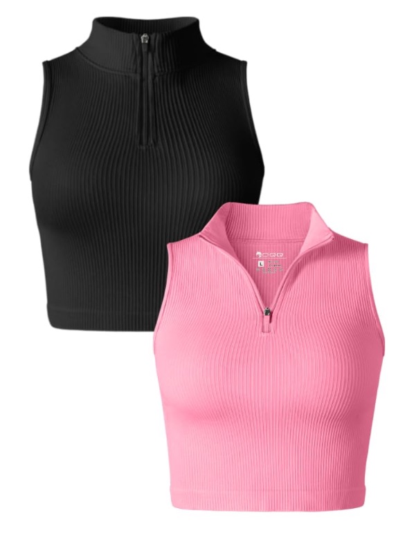 Photo 1 of ***USED***OQQ Women's 2 Piece Tank Tops Sleeveless Zip Basic Stretch Tee Shirts Crop Camis Black Candypink, SIZE L.