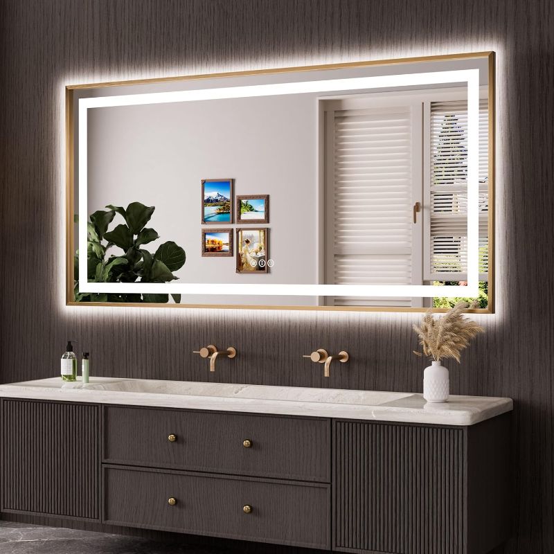 Photo 1 of Amorho 72"x 36" Gold LED Bathroom Mirror, Metal Framed Mirror with Front Light and Backlit, Stepless Dimmable, Anti-Fog, Shatter-Proof, 