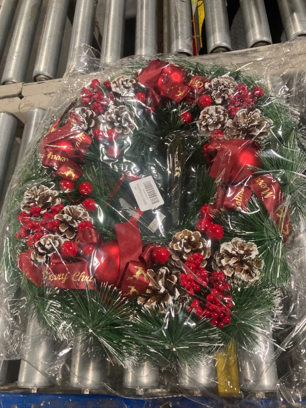 Photo 2 of 20" Artificial Christmas Wreath for Front Door with Storage Bag - Xmas Red Wreath Decorations Large Outdoor Wreath with Red Ball,Red Berry,Pine Needles,Pinecone (Green and Red)