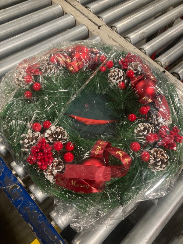 Photo 2 of 20" Artificial Christmas Wreath for Front Door with Storage Bag - Xmas Red Wreath Decorations Large Outdoor Wreath with Red Ball,Red Berry,Pine Needles,Pinecone (Green and Red)