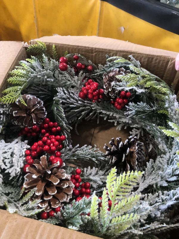 Photo 3 of ***USED***Christmas Wreath, 18 Inch Flocked Snow Wreath with Frosted Branches, Berries and Pine Cones for Front Door Decoration Indoor Window Wall Fireplace Xmas Décor