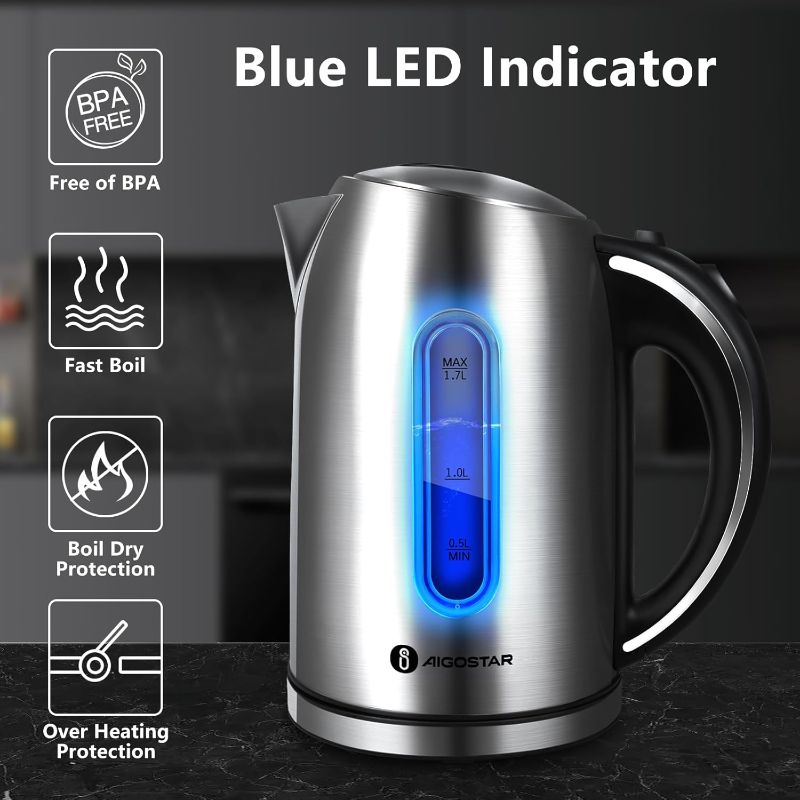 Photo 1 of Aigostar Electric Kettle, 1.7L Electric Tea Kettle with LED Illumination, Hot Water Kettle Electric for Tea and Hot Water, Fast Boiling Kettle with Auto-Shutoff & Boil-Dry Protection, BPA Free