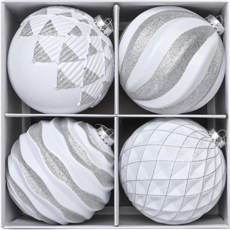 Photo 1 of 6''/150mm Large Christmas Ball Ornaments, 4Pcs Christmas Tree Decor, Shatterproof Hanging Decorations with Hooks, White & Silver Baubles for Xmas Tree, Wedding, Holiday and Party Decor