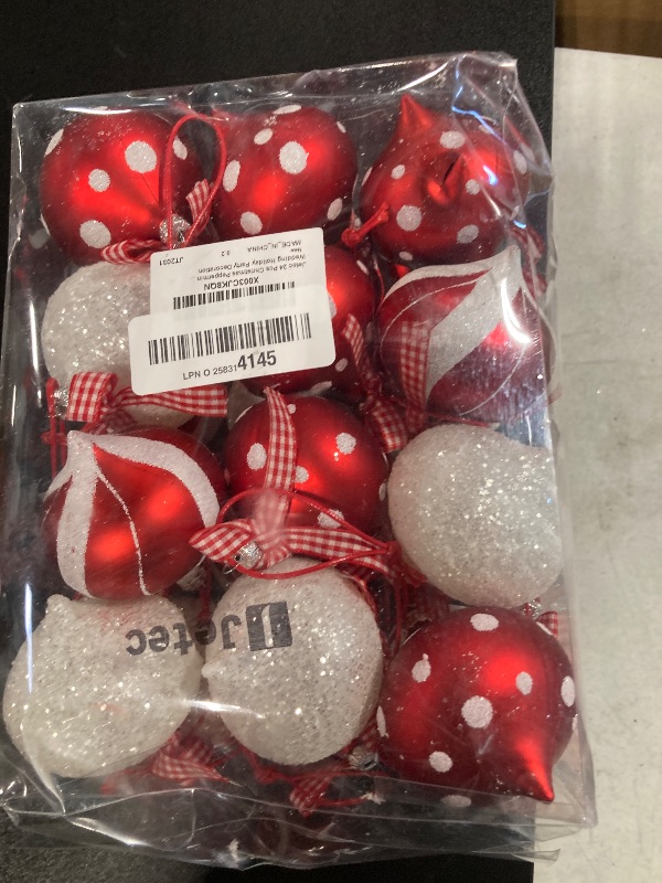 Photo 2 of 24 Pcs Christmas Balls Ornament 2.5 Inch Peppermint Candy Ornament Shatterproof Christmas Candy Cane Ball Decorations Red White Dots Stripes Ornaments with Bows for XmasTree Holiday Party Decoration