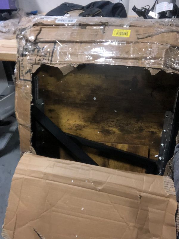 Photo 1 of ***USED***PHOTO REFERENCE ONLY***NOT REAL WOOD***MINOR DAMAGE****EDGES SCUFFED UP***FAUX WOOD TABLE WITH BLACK LEGS