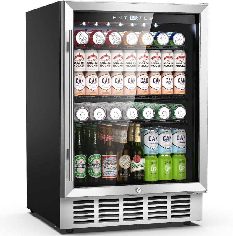 Photo 1 of 24 Inch Beverage Refrigerator, 190 Cans Built-in/Freestanding Beverage Cooler, Digital Memory Under Counter Beer Fridge with Glass Door, Safety Locks, Removeable Racks (Glass Door)
