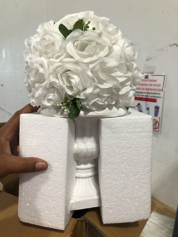 Photo 3 of 13" Artificial Rose Flower Arrangements with Planter, 13 inch Table Centerpiece Small Tabletop Artificial Flower Topiary Ball in Urn Container for Home Décor Indoor Wedding Party Decoration White