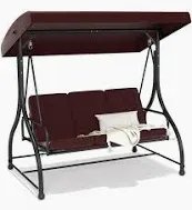 Photo 1 of 3-Seat Patio Swing Chair Outdoor Porch Swing with Adjustable Canopy, Patio Swings Glider with Removable Cushion for Porch, Backyard, Garden, Poolside, Balcony - Brown