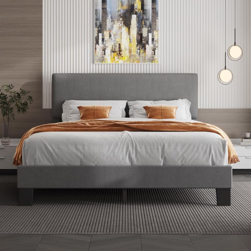 Photo 1 of *** similar ***  Queen Bed Frame with Headboard,Linen Upholstered Bed Frame with Wood Slats Support,No Box Spring Needed,Heavy Duty Feet,Easy Assembly,Light Grey