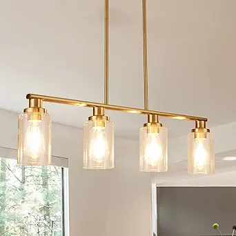 Photo 1 of 39.4" Kitchen Island Lighting 4-Lights Dining Room Light Fixture Over Table with Crystal Shade Modern Gold Linear Kitchen Pendant Lights Over Island, Linear Crystal Chandelier for Dining Room